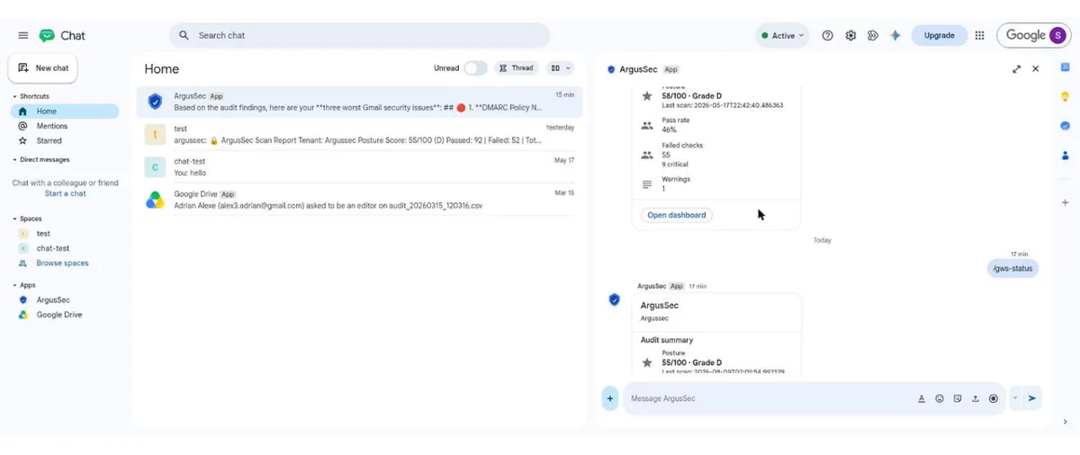 ArgusSec app in Google Chat answering a /gws-status command with an audit summary card