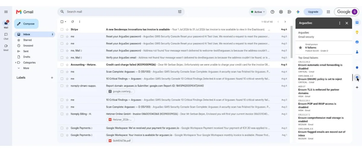 ArgusSec side panel in Gmail showing the Gmail posture score and the top failing checks